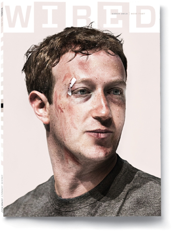 Fonte: Wired(Descrição da imagem: Foto da capa da revista Wired. A capa é uma imagem feita em computador que mostra Mark Zuckerberg com arranhões por todo o rosto, um corte no canto na boca e um curativo na sobrancelha direita)